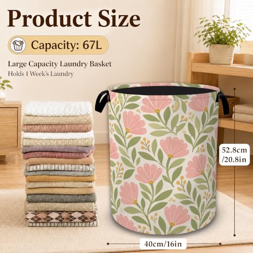 Pink Retro Floral Large Laundry Hamper, Collapsible Oxford Clothes Basket with Handles, Freestanding Dirty Clothes Organizer for Bedroom Bathroom Dorm Laundry Room, 16 x 20.8 Inch - color: Pink Retro Floral