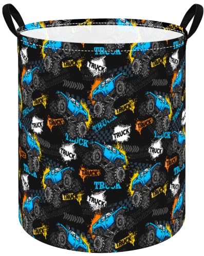 Boys Storage Basket Kids Hamper, 15.7"D x19.7"H, Monster Truck Print Waterproof Lining, Leather Handles, Collapsible for Boys Toys, Laundry, Kids Gift - color: Monster Truck Black