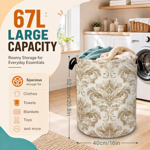 Golden Damask Flower Laundry Basket,Large Collapsible Portable Round Laundry Hamper with Handles,Oxford Storage Bin for Clothes,Blankets,Bedroom,Bathroom - color: Golden Damask Flower