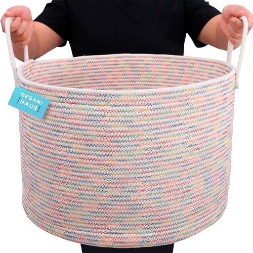 OrganiHaus Round Toy Basket & Blanket Basket, Cotton Rope 20x13" - color: Stitches Rainbow, size: Wide