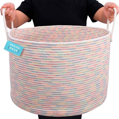OrganiHaus Round Toy Basket & Blanket Basket, Cotton Rope 20x13" - color: Stitches Rainbow, size: Wide