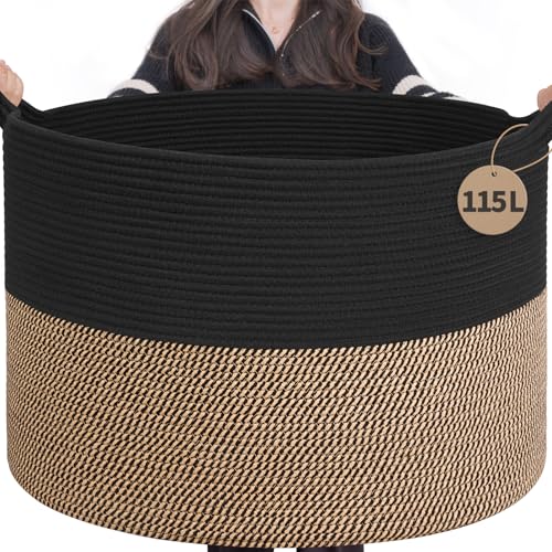 INDRESSME 115L Extra Large Woven Rope Blanket Basket Living Room, Mix Black - color: Black & Mix Camel, size: 23.6"D x 15.7"H