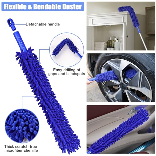 anngrowy 62" Microfiber Car Wash Brush with Long Handle Car Washing Mop Kit Mitt Sponge Car Cleaning Supplies Duster RV Washing Car Brushes, 1 Chenille Scratch-Free Replacement Head (Blue&Yellow) - color: Blue&yellow