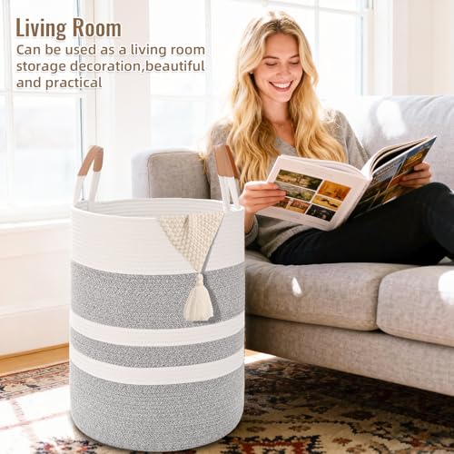 Large Laundry Basket, Laundry Hamper with Leather Handles, 60L Woven Dirty Clothes Hamper, Rope Hampers for Bedroom, Barthroom, Grey - color: Grey & White, size: 60L