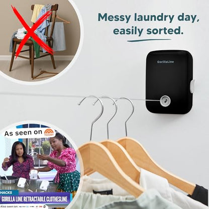 GorillaLine - Retractable Clothesline Indoor Outdoor Clothes Line - Heavy Duty Clothes Drying Laundry Line - Wall Mounted Drying Rack - Air Dry Clothing - color: Black