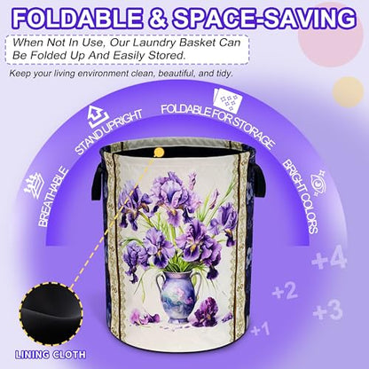 Purple Iris Flower Laundry Basket Oxford Cloth Floral Hamper 18.9 x 16.5 In - color: Iris Flower