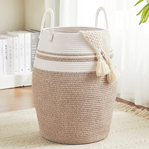 Extra Large Laundry Hamper Basket 105L Woven Blanket Basket, Brown & White - color: Brown & White, size: 105L