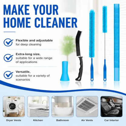 4 Pieces Dryer Vent Cleaner Kit with Lint Brush – Universal Dryer Lint Vacuum Attachment, Flexible Hose & Brush Set for Dryer Vent Cleaning, Lint Trap Cleaner & Home Cleaning Tools (Blue)