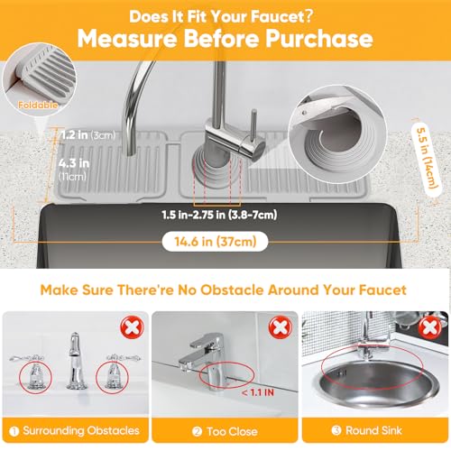 14.6 inch Faucet Mat for Kitchen Sink Splash Guard[7° Slope Fast Self-draining][Snap Lock Fit] Kitchen Sink Area Water Splash Guard Behind Faucet Draining Mat - color: Light Gray, size: 14.6" x 5.5"