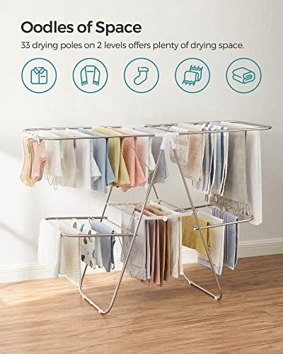 SONGMICS Clothes Drying Rack, Foldable 2-Level Stee Laundry Drying Rack - color: Silver + White, size: 2 Tiers（22"d x 61.8"w x 64.3''h )