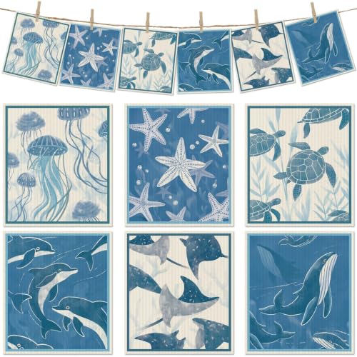6 Pcs Swedish Paper Cloths for Kitchen, Reusable Paper Towels Washable - color: Deep Blue Sea Creatures
