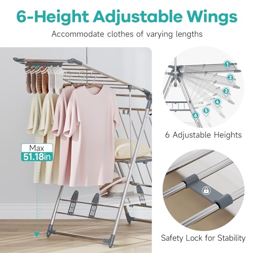 APEXCHASER Clothes Drying Rack with High Hanger, 3-Level Drying Racks - color: Gray, size: 2 Wings