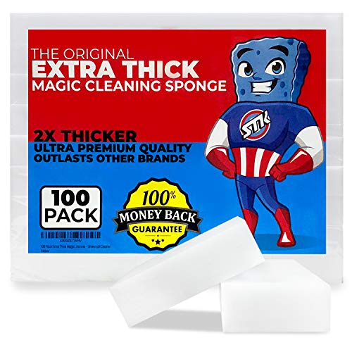 100 Pack Extra Thick Magic Cleaning Sponges - Eraser Sponge for All Surfaces - Double Thickness - Kitchen-Bathroom-Furniture-Leather-Car-Steel - Just Add Water - Melamine - Universal Cleaner - size: 100 Count (Pack of 1)