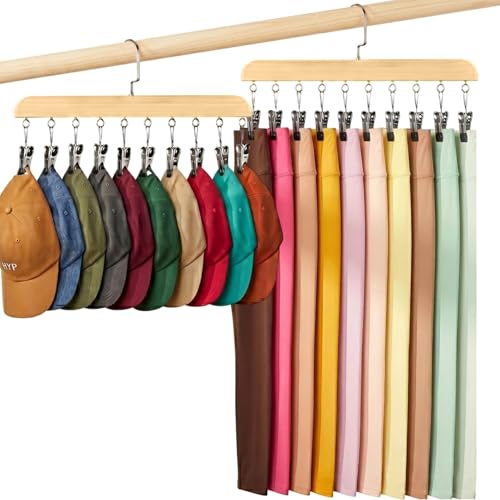 Legging Hangers for Closet Organizer - Pants Hangers with Clips Holds 20 Leggings - 360° Rotating Space Saving Non-Slip Hat Hangers for Closet Hanging Jeans, Shorts, Socks Wooden 2 Pack - color: Wooden