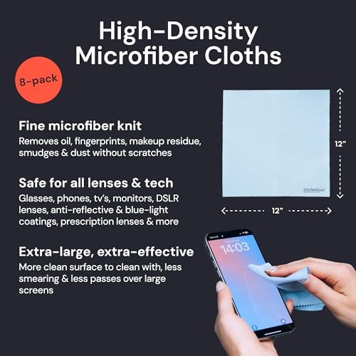 Elite Tech Gear Microfiber Cleaning Cloth, Eye Glasses Cleaner Cloth, 8pc - color: Blue, size: 12'' x 12'' (Pack of 8)