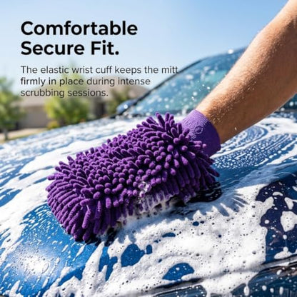 Purple Microfiber Car Wash Mitt – Thickened Chenille Cleaning Glove for Car Windows & Detailing, Dual Use Wet/Dry - color: Purple