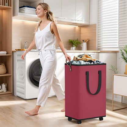 SpaceTrove Rolling Laundry Basket with Wheels, Laundry Hamper, 80L, Red - color: Red, size: 80L