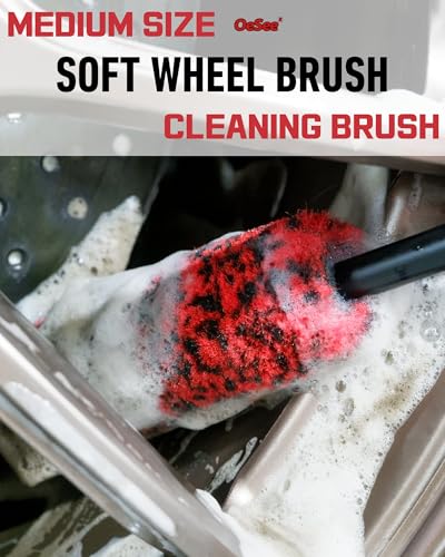 oesee Professional 4 Pack Long Handle Wheel Brush Kit for Cleaning Wheel and Tire- 2X Soft Wheel Cleaning Brush, Detailing Brush and Stiff Tire Brush, Bendable& Durable Wheel Rim Cleaner Brush Set - size: 4 Pack (Red & Black)