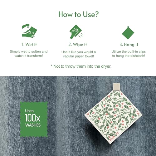 Eulnars Swedish Dishcloths for Kitchen, 8 Pack Green Reusable Paper Towels with Clips, Non-Scratch Swedish Kitchen Towels, Super Absorbent Cellulose Sponge Cloths, Dishwasher Safe, No Odor - color: Green Leaves