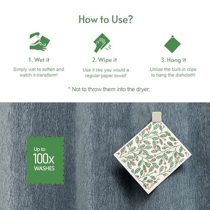 Eulnars Swedish Dishcloths for Kitchen, 8 Pack Green Reusable Paper Towels with Clips, Non-Scratch Swedish Kitchen Towels, Super Absorbent Cellulose Sponge Cloths, Dishwasher Safe, No Odor - color: Green Leaves