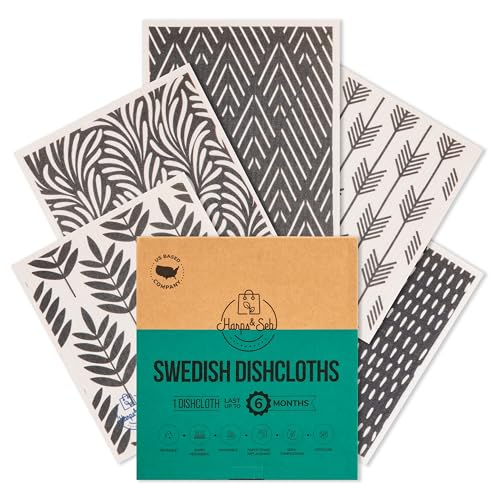 Harps&Seb Swedish Dishcloths for Kitchen Dish Towels - 5 Pack, Non-Scratch Reusable Paper Towels, Super Absorbent Washable Swedish Dish Cloths, No Odor, Biodegradable, Black and White Design - color: Midnight Birch, style: 5 Pack