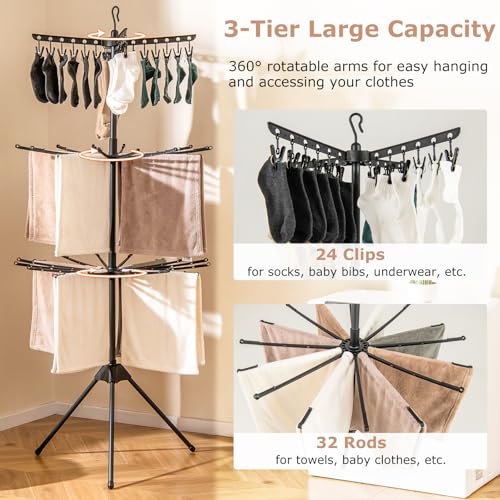 GIANTEX 70" Tripod Clothes Drying Rack w/24 Clips & 32 Rods, 360° Rotatable