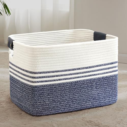 86L Woven Laundry Basket Hamper with Leather Handles,Denim Blue - color: Denim Blue, size: 86L