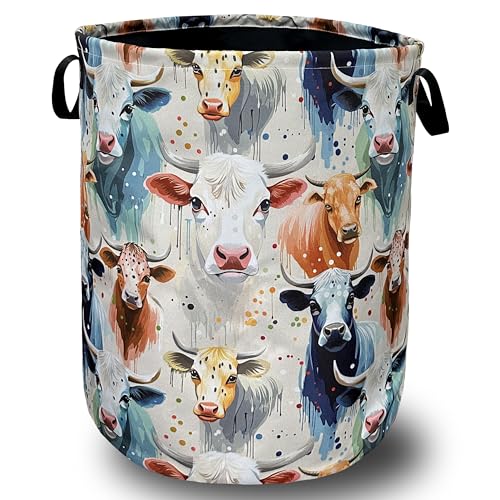 Watercolor Cows Laundry Basket Foldable Oxford Cloth Hamper 18.9"x16.5" - color: Watercolor Cows Animals Pattern