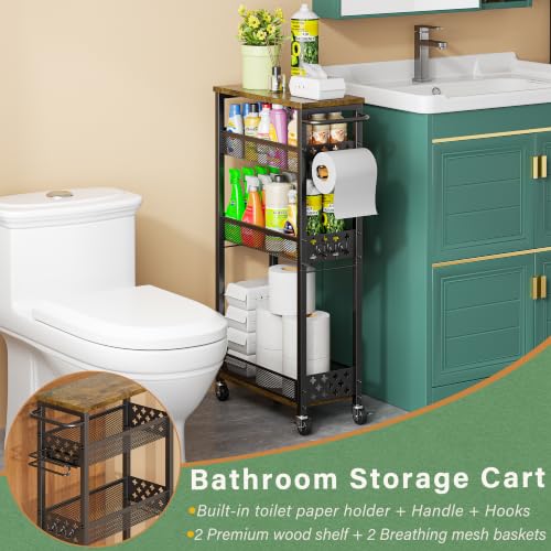 OKZEST Slim Bathroom Organizers and Storage Cart with Toilet Paper Holder - color: Black, size: 4-Tier (with Toilet Paper Holder)