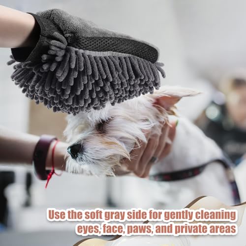 Teenyyou 2 Pcs Dog Towel Chenille Microfiber Pet Grooming Gloves,Grey - color: Grey