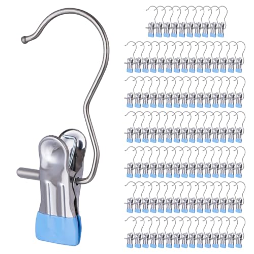 100PCS Space-Saving Clothespin Hat Pants Storage Hanging Travel Hook - color: Blue 100pcs