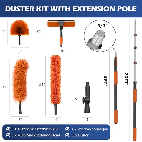 26FT High Reach Duster Kits with 5-20FT Extension Pole, Cobweb Duster with Telescoping Pole, Washable Ceiling Fan Cleaner & Window Squeegee for Glass Surfaces & High Roof - size: 5-20FT