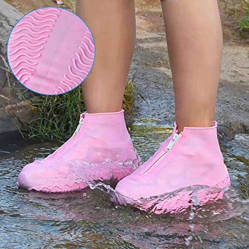 Shiwely Waterproof Shoe Covers, Silicone Reusable Shoe Cover Non-slip Durable Zipper Elastic Rain Cover Protection for Men Women (M (Women 5-7, Men 5-6), Pink) - color: Pink, size: M (Women 5-7, Men 5-6)