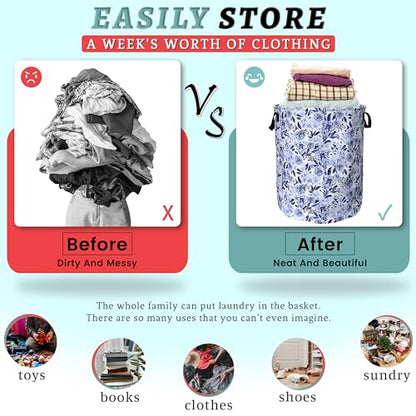 Blue Floral Laundry Basket Oxford Cloth Foldable Hamper 18.9x16.5Inch - color: Beautiful Blue Flowers Floral