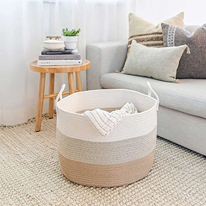 OrganiHaus Round Toy Basket & Blanket Basket, Cotton Rope 20x13" - color: 3-toned Honey, size: Wide