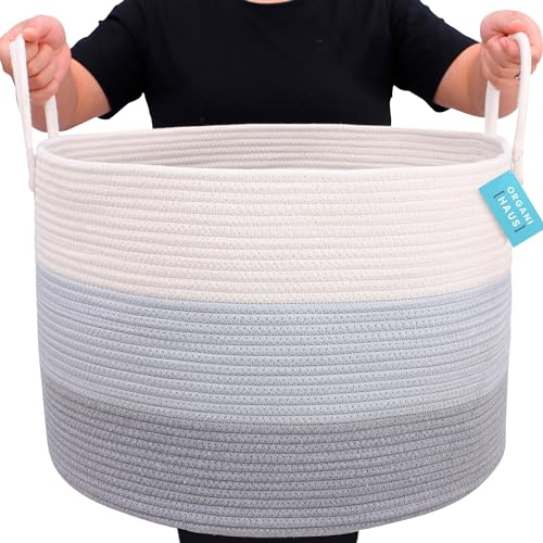 OrganiHaus Round Toy Basket & Blanket Basket, Cotton Rope 20x13" - color: 3-toned Gray, size: Wide