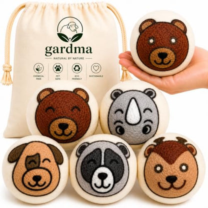 Wool Dryer Balls XL 6-Pack – Organic Wool Dryer Balls for Laundry Reusable, Natural Fabric Softener, Reduces Drying Time, Static, Wrinkles & Clumping - color: Animals