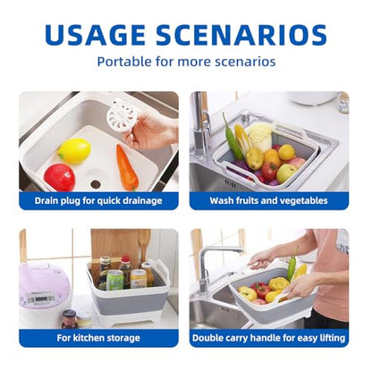 THANSTAR Collapsible Wash Basin, 9L/2.4Gal Foldable Sink with Drain Plug, 2-in-1 Dish Drying Rack & Storage Bucket, Portable Washing Bin for Kitchen/Camping/RV, BPA Free PP, Space-Saving Design, Gray