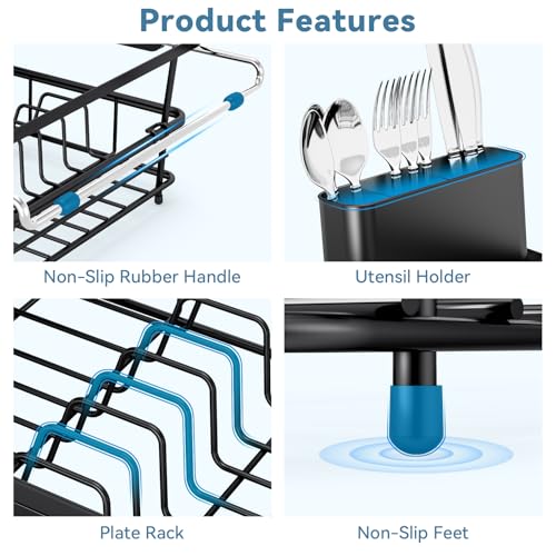 TOOLF Dish Drying Rack in Sink with Utensil Holder, RV, Apartment, Black - size: XLarge Size
