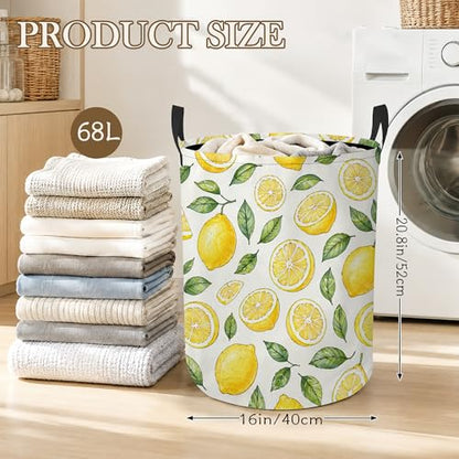 Lemon Slices Laundry Basket, Green Leaves Collapsible Laundry Hamper Waterproof Oxford Cloth With Handles, Clothes Storage Bucket For Bathroom/Bedroom 16" x 20.8" - color: Lemon Slices