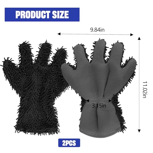 2PCS Car Wash Mitt, 5 Finger Chenille Microfiber Cleaning Mitt for Cars, Scratch-Free Auto Washing Gloves, Car Interior Exterior Cleaning Gloves, Great for Hard-to-Reach Areas (Black+Gray) - color: Black+gray