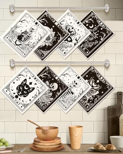 Miss Adola 8 Pack Reusable Kitchen Dishcloths - Absorbent, Fast Drying, Washable Swedish Towels with Cute Black Skull Design - color: White Skull