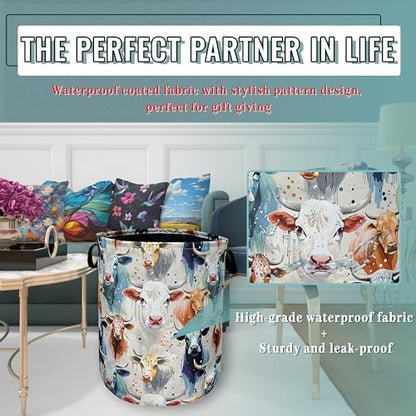 Watercolor Cows Laundry Basket Foldable Oxford Cloth Hamper 18.9"x16.5" - color: Watercolor Cows Animals Pattern