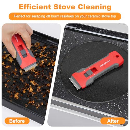 Razor Blade Scraper with 2 Pcs Plastic Scraper, Scraper Tool for Cooktop, Oven, Stove, Labels Decal, Plastic Blades for Clean Glass Window, Scraper Buit-In Blade torage, Upgraded Lock Mechanism,Gray