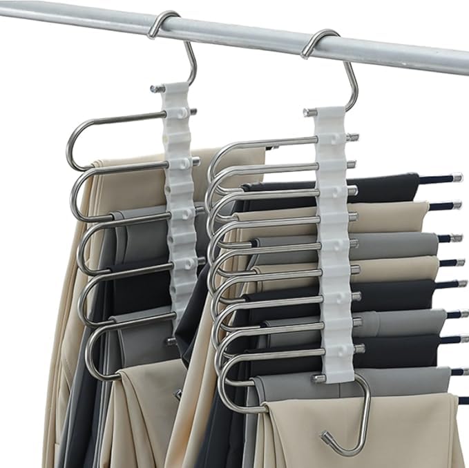 Space-Saving Pants Hangers - 2 Pack, Multi-Layered Closet Organizer with 10 Metal Clips, Stainless Steel & ABS Plastic, for Jeans, Trousers, Slacks, Scarves, and More (White)