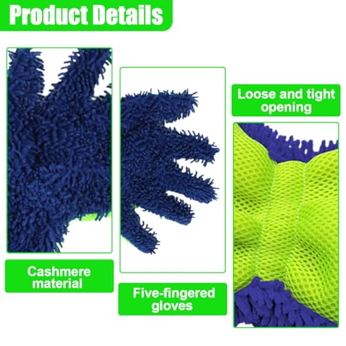 2PCS Microfiber Car Wash Mitts, Double-Sided 5-Finger Dusting Gloves, Anti-Scratch Chenille Drying Towel, Vehicle Interior & Exterior Detailing Tool for Cleaning Wheel Tight Spot (Blue) - color: Blue