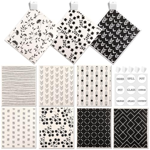 Lucomb 10 Pack Swedish Dishcloths with Hook, Eco-Friendly Reusable Paper Towels Washable Cellulose Sponge Swedish Dish Cloths for Kitchen Counter Cleaning - color: 10 Pack-black White+ Clips