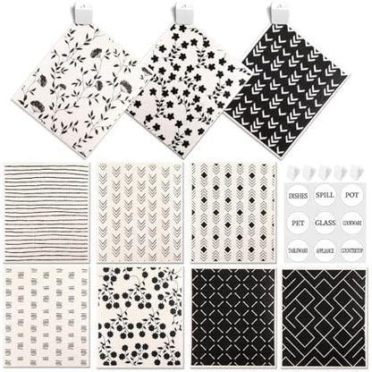 Lucomb 10 Pack Swedish Dishcloths with Hook, Eco-Friendly Reusable Paper Towels Washable Cellulose Sponge Swedish Dish Cloths for Kitchen Counter Cleaning - color: 10 Pack-black White+ Clips