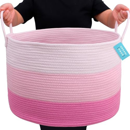 OrganiHaus Round Toy Basket & Blanket Basket, Cotton Rope 20x13" - color: 3-toned Pink, size: Wide