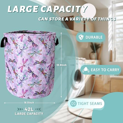 Watercolor Dragonfly Laundry Basket Oxford Cloth Foldable Hamper18.9x16.5In - color: Pink Wtercolor Dragonfly